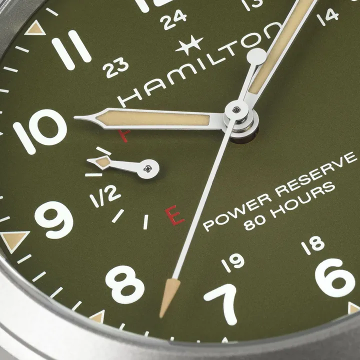 มาตรวัดระดับกำลังสำรอง Power Reserve Indicator ตำแหน่ง 9 นาฬิกา บน หน้าปัด Hamilton Khaki Field