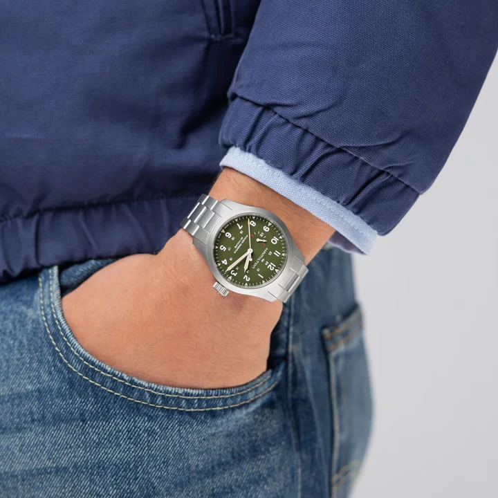 นาฬิกา Hamilton Khaki Field Mechanical Power Reserve หน้าปัดสีน้ำเงิน และสีเขียว