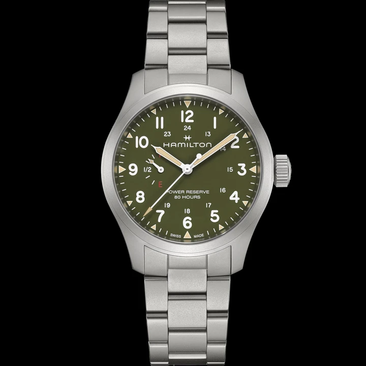 นาฬิกา Hamilton Khaki Field Mechanical Power Reserve หน้าปัดสีน้ำเงิน และสีเขียว