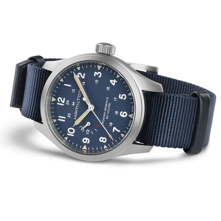 นาฬิกา Hamilton Khaki Field Mechanical Power Reserve หน้าปัดสีน้ำเงิน และสีเขียว