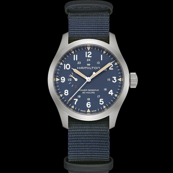 นาฬิกา Hamilton Khaki Field Mechanical Power Reserve หน้าปัดสีน้ำเงิน และสีเขียว