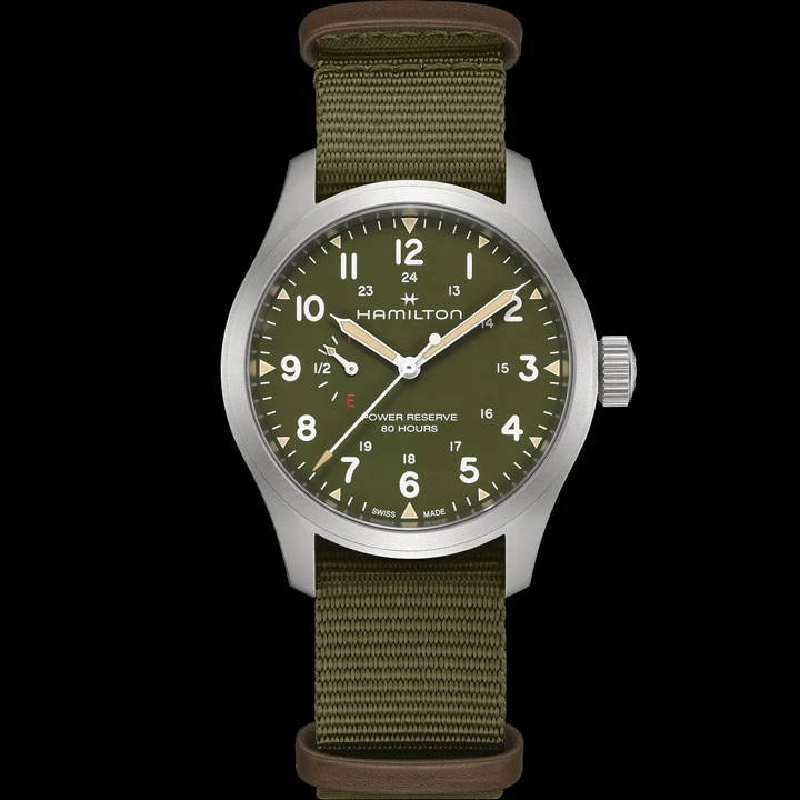 นาฬิกา Hamilton Khaki Field Mechanical Power Reserve หน้าปัดสีน้ำเงิน และสีเขียว