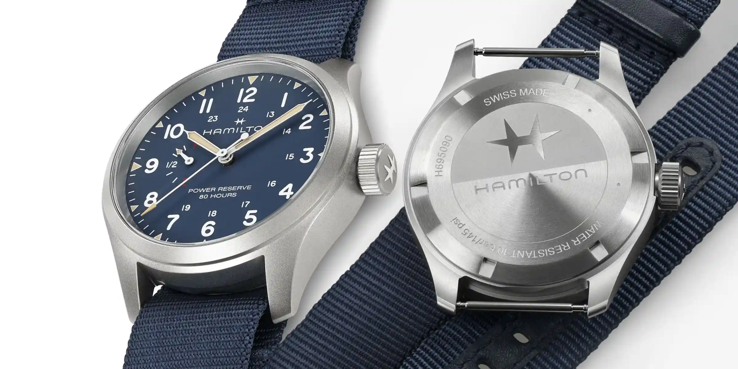 นาฬิกา Hamilton Khaki Field Mechanical Power Reserve หน้าปัดสีน้ำเงิน และสีเขียว