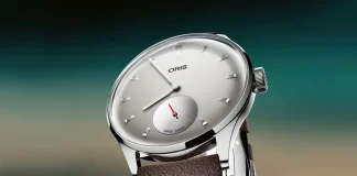 นาฬิกา ORIS Hölstein Edition 2026 หน้าปัดสีเทาพร้อมเข็มวินาทีแยกสีแดงและฝาหลังลาย ORIS Bear เลเซอร์เอฟเฟกต์กระจกเงา
