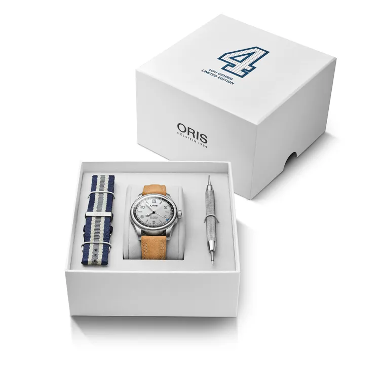แพ็คเกจ นาฬิกา ORIS Lou Gehrig Limited Edition รุ่นพิเศษหน้าปัดสีเงินสายหนัง