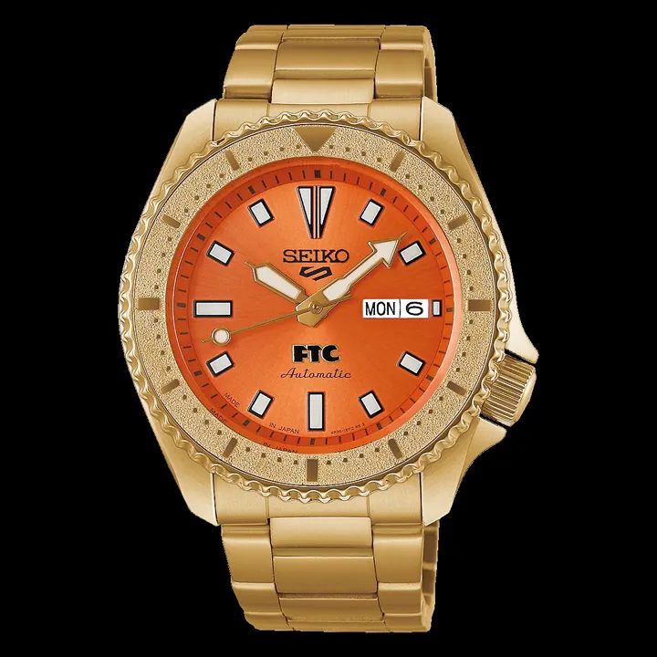Seiko 5 Sports FTC HDB012 เคลือบ PVD สีทอง หน้าปัดสีส้ม สไตล์สตรีทแวร์