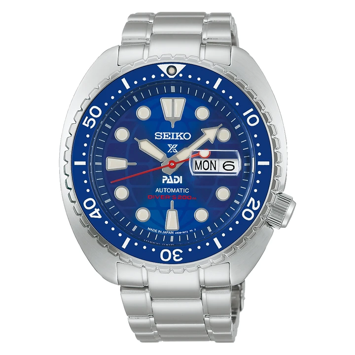 Seiko Prospex PADI 60th Anniversary Limited Edition (HBB002) ความพิเศษฉลอง 60 ปี PADI นาฬิกาดำน้ำ Seiko Prospex PADI 60th Anniversary Limited Edition รหัส HBB002 ตัวเรือน King Turtle หน้าปัดลายลูกโลกสีน้ำเงินตัดขอบแดง