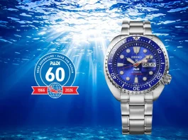 นาฬิกาดำน้ำ Seiko Prospex PADI 60th Anniversary Limited Edition รหัส HBB002 ตัวเรือน King Turtle หน้าปัดลายลูกโลกสีน้ำเงินตัดขอบแดง