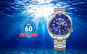 นาฬิกาดำน้ำ Seiko Prospex PADI 60th Anniversary Limited Edition รหัส HBB002 ตัวเรือน King Turtle หน้าปัดลายลูกโลกสีน้ำเงินตัดขอบแดง