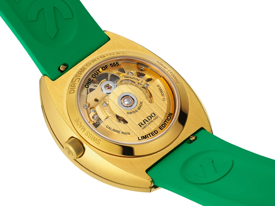 Rado DiaStar Original Skeleton Limited Edition สีสันรับฤดูร้อน Rado DiaStar Original Skeleton สีเขียว Ref.R12166309 ตัวเรือนเคลือบ PVD สีทอง