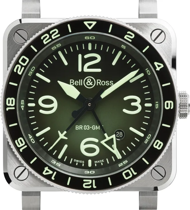 Bell and Ross BR03 GMT Green Lum สวยสปอร์ตบนกลิ่นอายแสงเหนือ นาฬิกา Bell & Ross BR03 GMT Green Lum ตัวเรือนสตีล 42 มม.