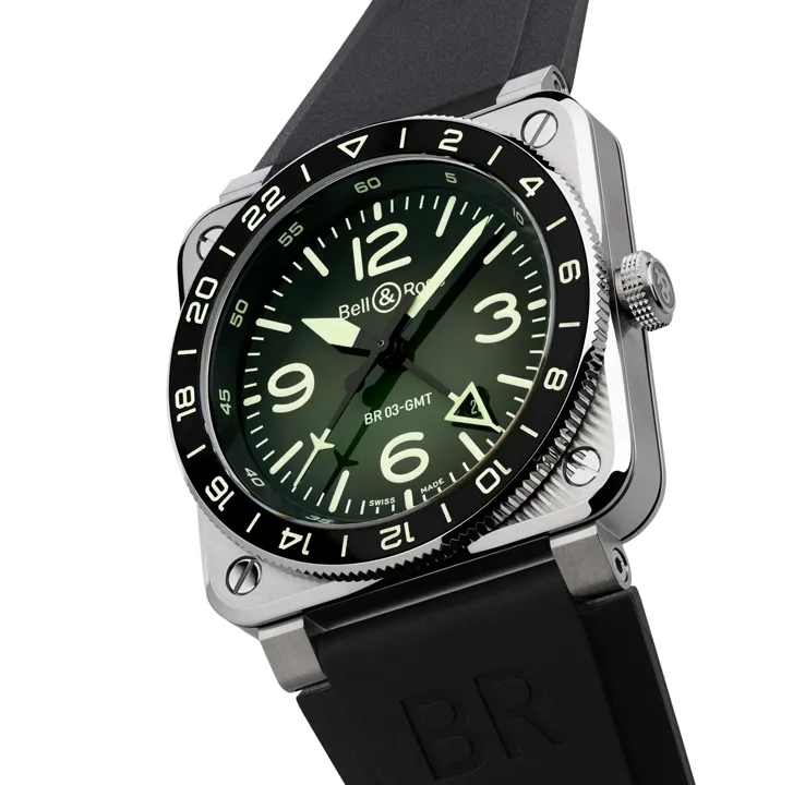Bell and Ross BR03 GMT Green Lum สวยสปอร์ตบนกลิ่นอายแสงเหนือ นาฬิกา Bell & Ross BR03 GMT Green Lum ตัวเรือนสตีล 42 มม.