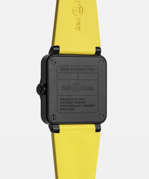 ฝาหลัง นาฬิกา Bell & Ross BR-03 Helipad ตัวเรือนเซรามิกสีดำขนาด 41 มิลลิเมตร พร้อมหน้าปัดลานจอดเฮลิคอปเตอร์