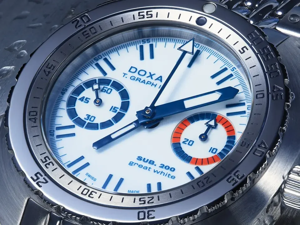 Doxa SUB T.Graph II ‘Great White’ แรงบันดาลใจจากฉลามขาว ผลิตแค่ 100 เรือน นาฬิกาดำน้ำ Doxa SUB T.Graph II Great White หน้าปัดสีขาวเข็มสีน้ำเงิน ผลิตจำกัด 100 เรือน