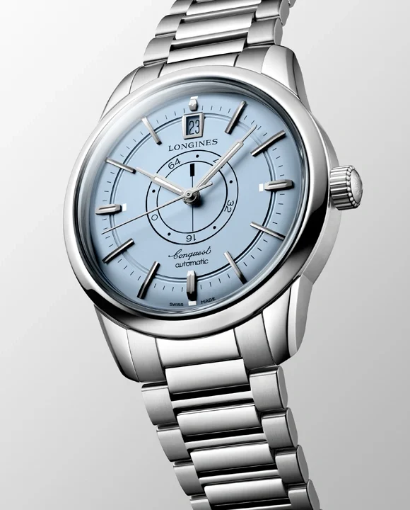 Longines Conquest Heritage Central Power Reserve เพิ่มหน้าปัดสีใหม่พร้อมสายสตีล นาฬิกา Longines Conquest Heritage Central Power Reserve หน้าปัดสีฟ้าอ่อน Opaline