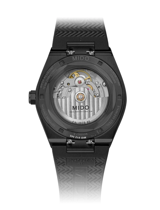 Mido Multifort 8 One Crown เพิ่ม 3 ทางเลือกใหม่ Mido Multifort 8 One Crown รุ่นตัวเรือน PVD สีดำ สายยางสีดำ หน้าปัดลายเส้นแนวขวาง รหัส M055.507.37.051.00