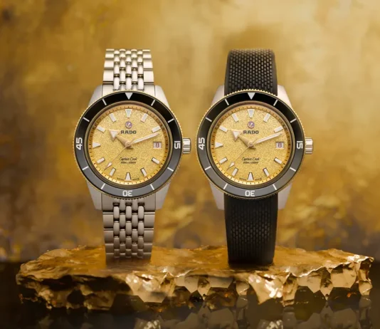 นาฬิกา Rado Captain Cook 39mm หน้าปัดสีทอง Grained ขอบเซรามิกสีดำ สายสตีล Ref. R32223258