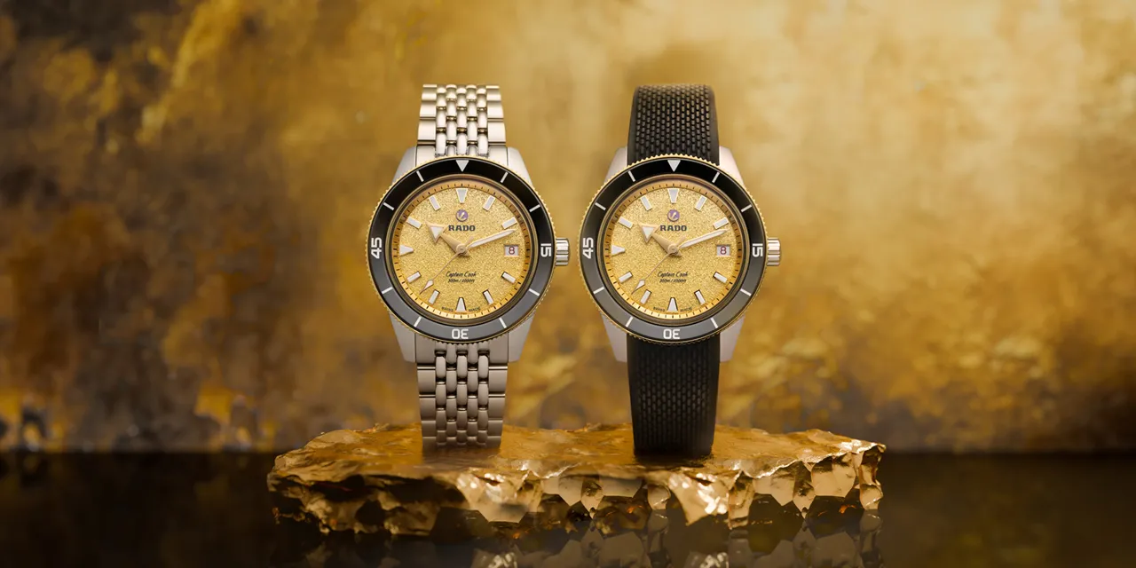 นาฬิกา Rado Captain Cook 39mm หน้าปัดสีทอง Grained ขอบเซรามิกสีดำ สายสตีล Ref. R32223258