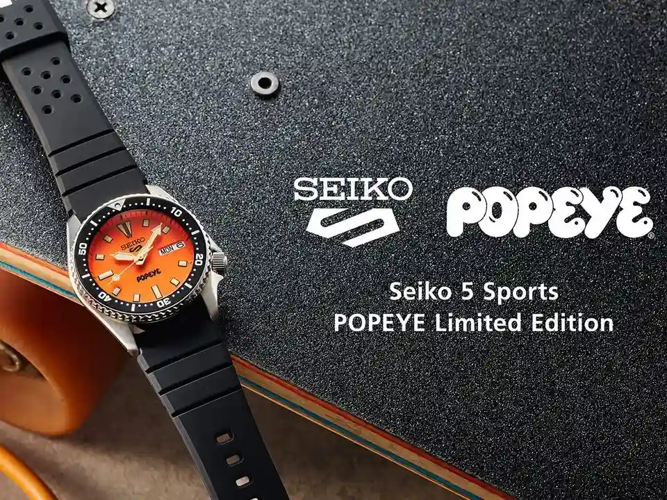 Seiko 5 Sport POPEYE Limited Edition (HDB013J) : ฉลอง 50 ปีนิตยสารดังจากญี่ปุ่น นาฬิกา Seiko 5 Sports POPEYE Limited Edition รหัส HDB013J หน้าปัดสีส้ม สายยางสีดำ