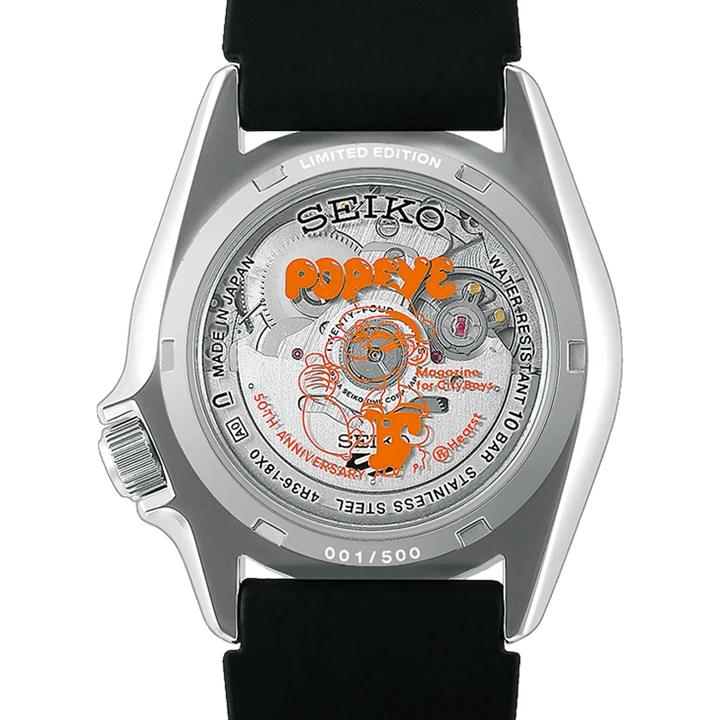 Seiko 5 Sport POPEYE Limited Edition (HDB013J) : ฉลอง 50 ปีนิตยสารดังจากญี่ปุ่น นาฬิกา Seiko 5 Sports POPEYE Limited Edition รหัส HDB013J หน้าปัดสีส้ม สายยางสีดำ