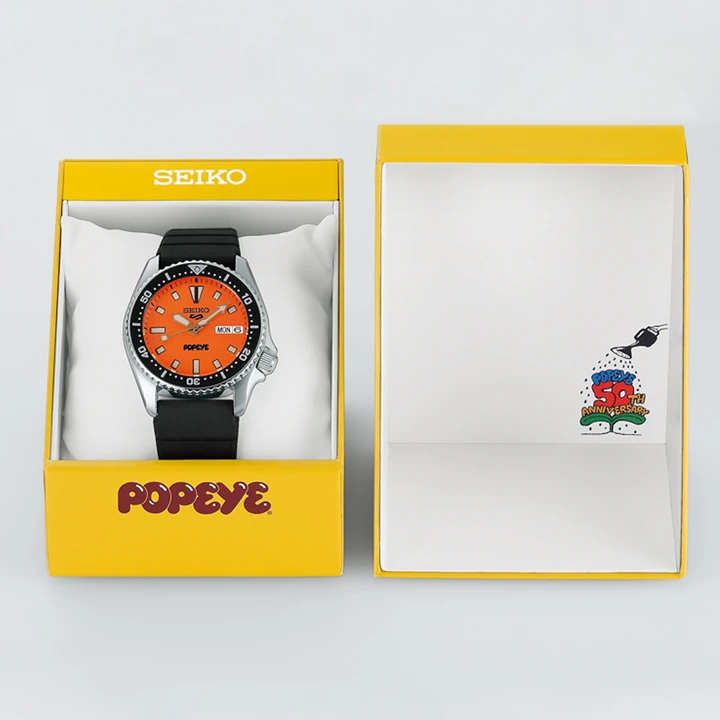 Seiko 5 Sport POPEYE Limited Edition (HDB013J) : ฉลอง 50 ปีนิตยสารดังจากญี่ปุ่น นาฬิกา Seiko 5 Sports POPEYE Limited Edition รหัส HDB013J หน้าปัดสีส้ม สายยางสีดำ