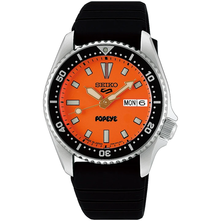 Seiko 5 Sport POPEYE Limited Edition (HDB013J) : ฉลอง 50 ปีนิตยสารดังจากญี่ปุ่น นาฬิกา Seiko 5 Sports POPEYE Limited Edition รหัส HDB013J หน้าปัดสีส้ม สายยางสีดำ
