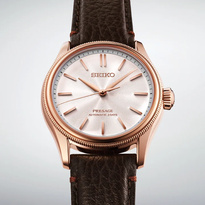 นาฬิกา Seiko Presage Classic Series รุ่น Limited Edition HCC008J ตัวเรือน Pink Gold หน้าปัดผ้าไหม Tomioka