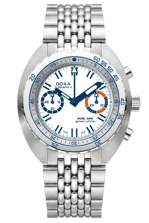 Doxa SUB T.Graph II ‘Great White’ แรงบันดาลใจจากฉลามขาว ผลิตแค่ 100 เรือน นาฬิกาดำน้ำ Doxa SUB T.Graph II Great White หน้าปัดสีขาวเข็มสีน้ำเงิน ผลิตจำกัด 100 เรือน