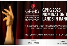 PMT The Hourglass จัดงาน GPHG Nomination Tour 2026 ที่กรุงเทพฯ โปสเตอร์งานนิทรรศการนาฬิกา GPHG 2026 Exhibition Bangkok รูปมือสีทอง Official Nomination Tour จัดโดย PMT The Hourglass ณ The Forum Gaysorn Amarin