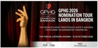 โปสเตอร์งานนิทรรศการนาฬิกา GPHG 2026 Exhibition Bangkok รูปมือสีทอง Official Nomination Tour จัดโดย PMT The Hourglass ณ The Forum Gaysorn Amarin