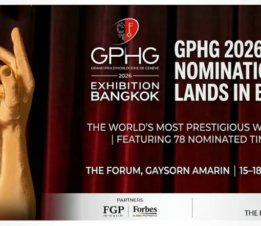 โปสเตอร์งานนิทรรศการนาฬิกา GPHG 2026 Exhibition Bangkok รูปมือสีทอง Official Nomination Tour จัดโดย PMT The Hourglass ณ The Forum Gaysorn Amarin