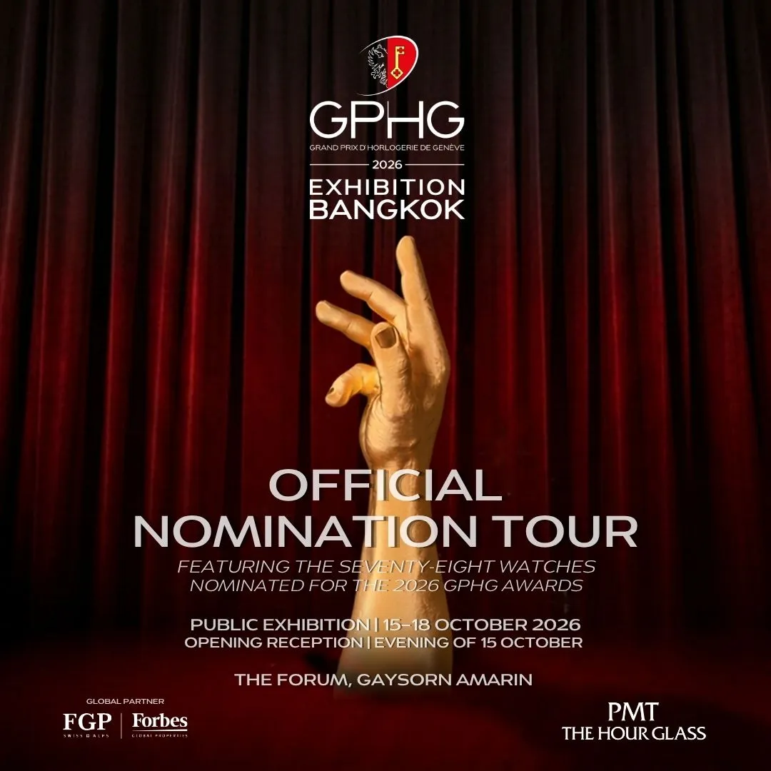 PMT The Hourglass จัดงาน GPHG Nomination Tour 2026 ที่กรุงเทพฯ โปสเตอร์งานนิทรรศการนาฬิกา GPHG 2026 Exhibition Bangkok รูปมือสีทอง Official Nomination Tour จัดโดย PMT The Hourglass ณ The Forum Gaysorn Amarin