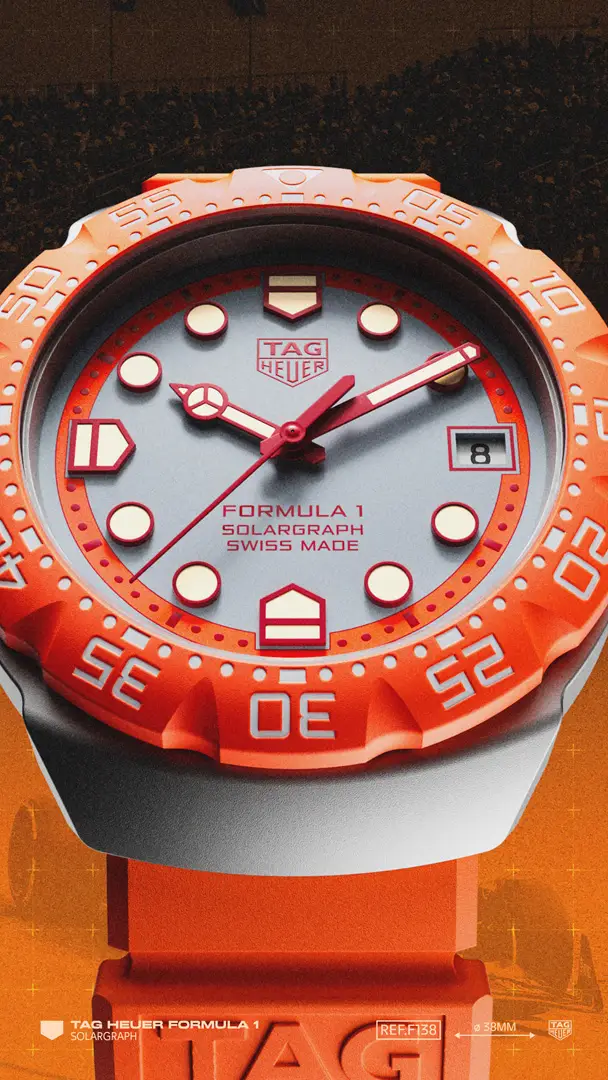 TAG Heuer Formula 1 สดใสรับงานแข่ง Dutch GP 2026 หน้าปัด รูปภาพหน้าปกนาฬิกา TAG Heuer Formula 1 สีส้ม รุ่นลิมิเต็ดเอดิชั่น Dutch GP 2026 กลไก Solargraph พลังงานแสงอาทิตย์