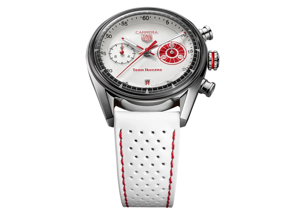 TAG Heuer Carrera Chronograph x Team Ikuzawa ผลผลิตใหม่แห่งความคลาสสิค นาฬิกา TAG Heuer Carrera Chronograph x Team Ikuzawa รุ่นที่ 2 ตัวเรือน 39 มม. หน้าปัดสีขาวตกแต่งรายละเอียดสีแดง