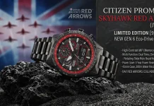 Citizen Promaster Skyhawk Red Arrows รหัส JV2007-52E ผลิตจำกัด 9,999 เรือน Citizen Promaster Skyhawk Red Arrows JV2007-52E ตัวเรือนรมดำ ขอบสเกลสีแดง บนพื้นหลังธงชาติอังกฤษและเครื่องบินฝูงบิน Red Arrows