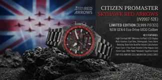 Citizen Promaster Skyhawk Red Arrows JV2007-52E ตัวเรือนรมดำ ขอบสเกลสีแดง บนพื้นหลังธงชาติอังกฤษและเครื่องบินฝูงบิน Red Arrows