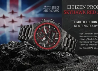 Citizen Promaster Skyhawk Red Arrows JV2007-52E ตัวเรือนรมดำ ขอบสเกลสีแดง บนพื้นหลังธงชาติอังกฤษและเครื่องบินฝูงบิน Red Arrows