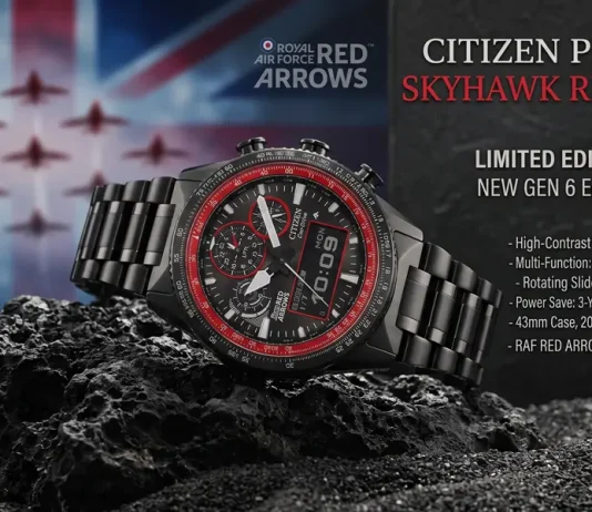 Citizen Promaster Skyhawk Red Arrows JV2007-52E ตัวเรือนรมดำ ขอบสเกลสีแดง บนพื้นหลังธงชาติอังกฤษและเครื่องบินฝูงบิน Red Arrows