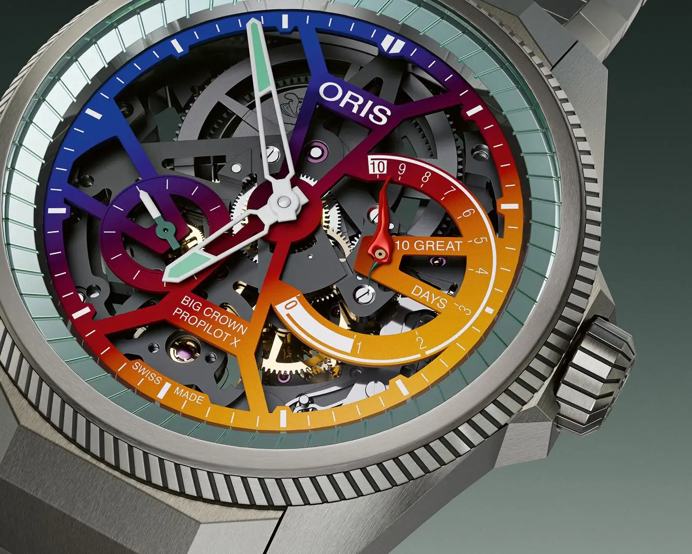 ORIS ProPilot x Gonzo Edition อีกความสนุกจาก Disney’s The Muppets หน้าปัดเต็มของ ORIS ProPilot x Gonzo Edition ไล่เฉดจากน้ำเงินสู่แดงและเหลือง พร้อมวงแหวนหน้าปัดตกแต่งด้วยเลเซอร์