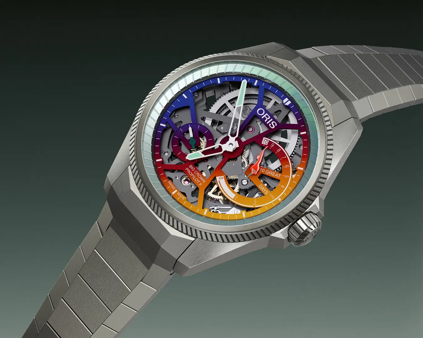 ORIS ProPilot x Gonzo Edition อีกความสนุกจาก Disney’s The Muppets ORIS ProPilot x Gonzo Edition ตัวเรือนไทเทเนียม 44 มม. หน้าปัดสเกเลตันไล่สีน้ำเงิน-แดง-เหลือง