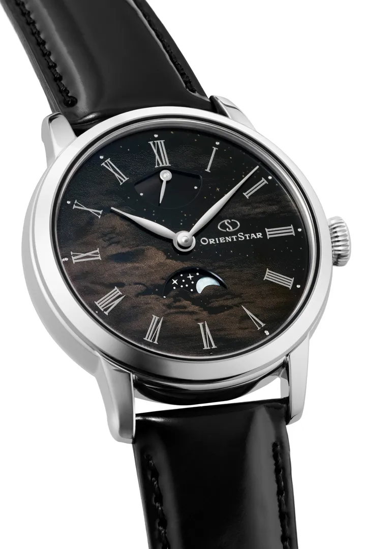 Orient Star F8 Moonphase ฉลอง 75 ปี ตัวเรือนสเตนเลส 39.5 มม. สายหนังสีดำ