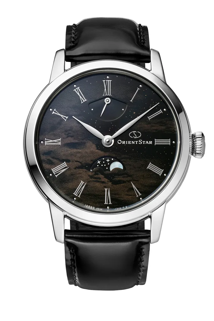Orient Star F8 Moonphase RE-BW0008B หน้าปัดสีดำลายหมู่เมฆ พร้อม Moonphase ที่ 6 นาฬิกา