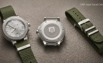 นาฬิกา ORIS Social Club Edition II ตัวเรือน 43.5 มม. หน้าปัดสีเงินขัดลาย Frosted พร้อมสาย NATO สีเขียว Olive