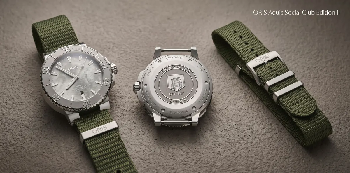 นาฬิกา ORIS Social Club Edition II ตัวเรือน 43.5 มม. หน้าปัดสีเงินขัดลาย Frosted พร้อมสาย NATO สีเขียว Olive