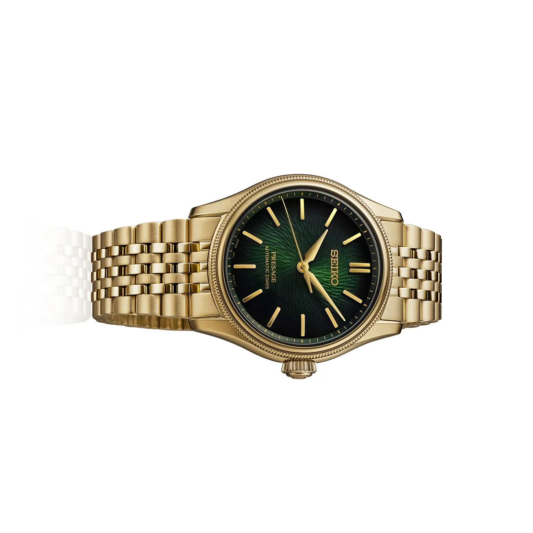 Seiko Presage TRADMAN’S BONSAI Limited Edition รหัส HCC009J สะท้อนความงามของโลกบอนไซ Seiko Presage HCC009J ตัวเรือน 38 มม. Gold IP-Coating