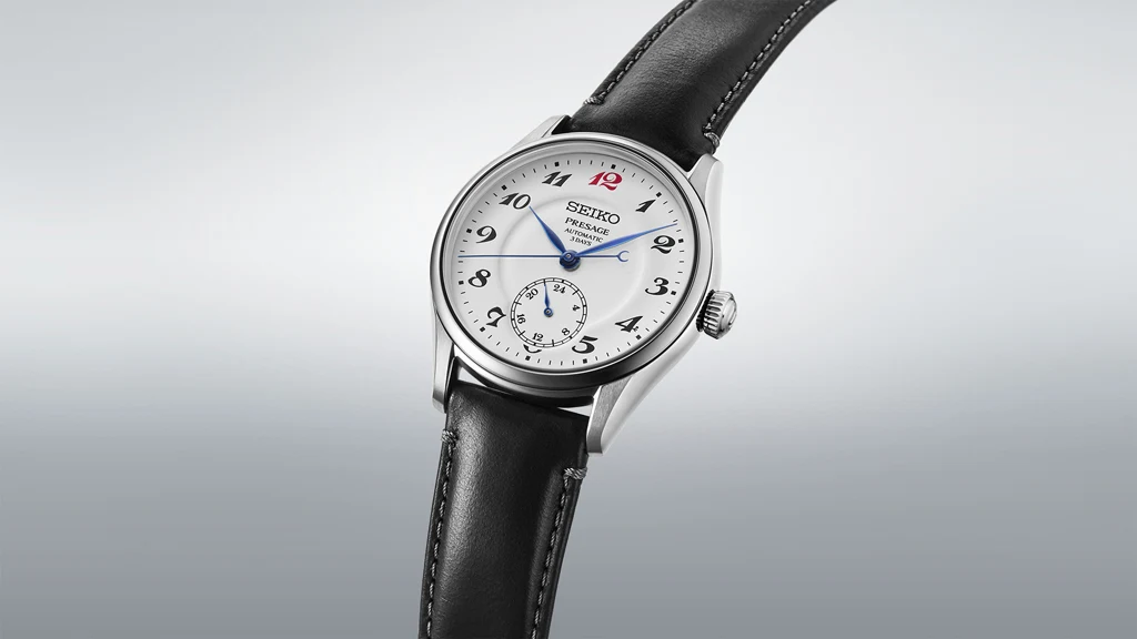 Seiko Presage HCC005J หน้าปัด Enamel สีขาว ตัวเลข 12 สีแดง สายหนังสีดำ