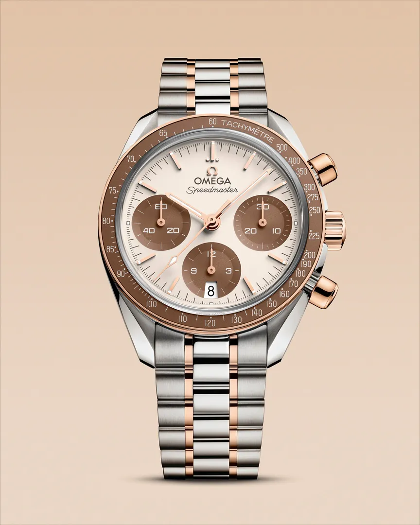 OMEGA Speedmaster 38mm ทูโทนสตีลและทอง Sedna 18K หน้าปัดคาปูชิโน Ref. 324.20.38.50.02.002 ราคา 384,000 บาท