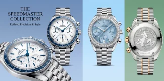 ภาพรวมคอลเลกชัน OMEGA Speedmaster 38mm หน้าปัดขาวขอบน้ำเงิน หน้าปัดไอซ์บลูขอบเพชร และฝาหลังเหรียญม้ามังกรทะเลสลักลายรังผึ้ง