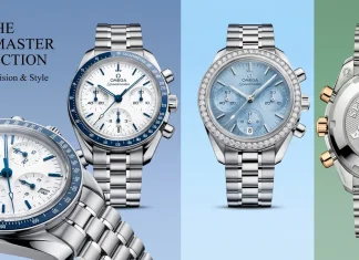 ภาพรวมคอลเลกชัน OMEGA Speedmaster 38mm หน้าปัดขาวขอบน้ำเงิน หน้าปัดไอซ์บลูขอบเพชร และฝาหลังเหรียญม้ามังกรทะเลสลักลายรังผึ้ง