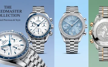 ภาพรวมคอลเลกชัน OMEGA Speedmaster 38mm หน้าปัดขาวขอบน้ำเงิน หน้าปัดไอซ์บลูขอบเพชร และฝาหลังเหรียญม้ามังกรทะเลสลักลายรังผึ้ง